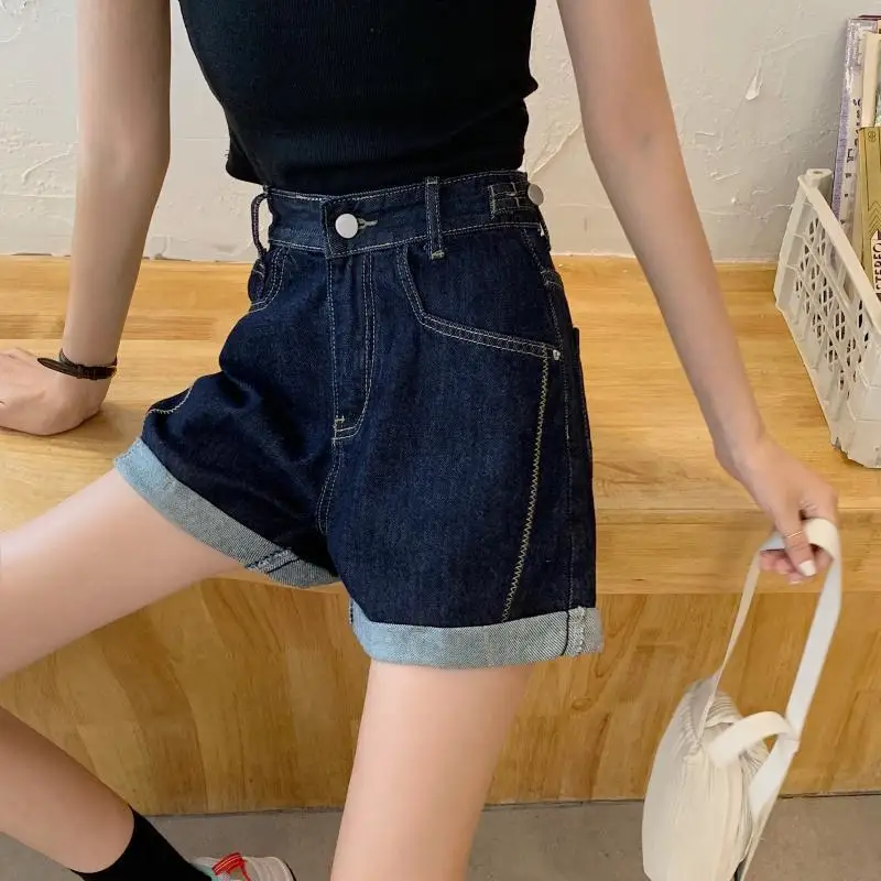 High Waist Dark Blue Wide Leg Pants Summer New Loose Patchwork Versatile Shorts Korean Casual Fashion Women Clothing