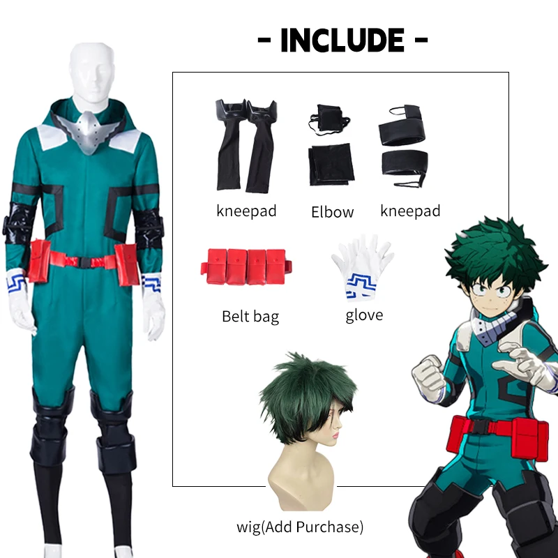 Anime My Hero Academia Cosplay Midoriya Izuku Deku Battle Green Cosplay Costume Unisex Costume Uniform Suits Halloween Wig Hair