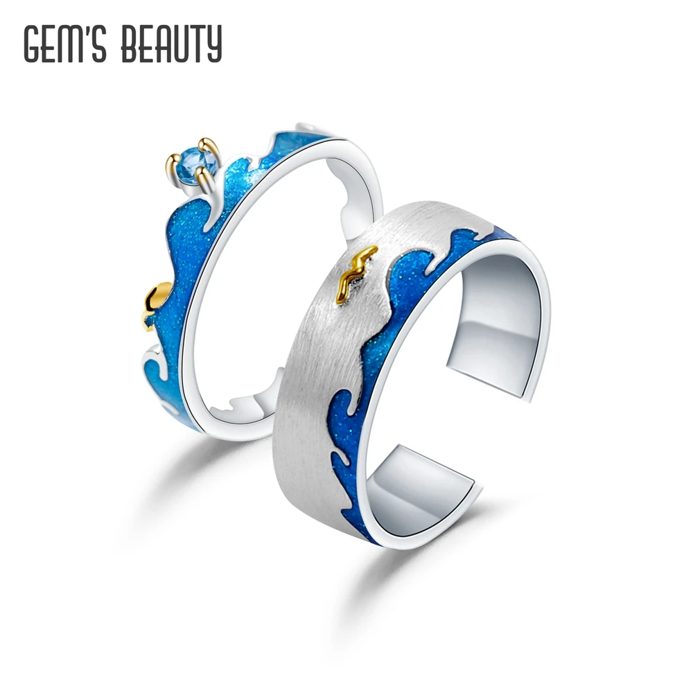 

GEM'S BEAUTY Love Poems Sea Waves Seagulls 925 Sterling Silver Couple Ring For Women Design Resizable Love Wedding Jewelry Gifts