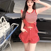 detachable denim shorts retro rolled jean shorts high waist loose casual fashion side hollow out hot strap red shorts streetwear