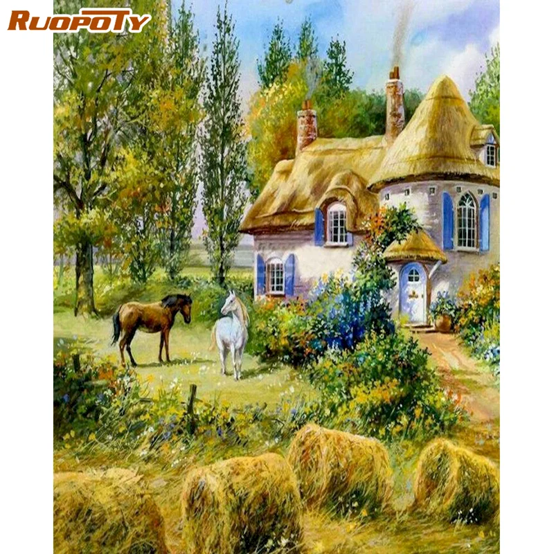 

RUOPOTY Full Round Village Scenery Diamond Embroidery Mosaic Landscape 5d Diy Diamond Painting Home Decor New
