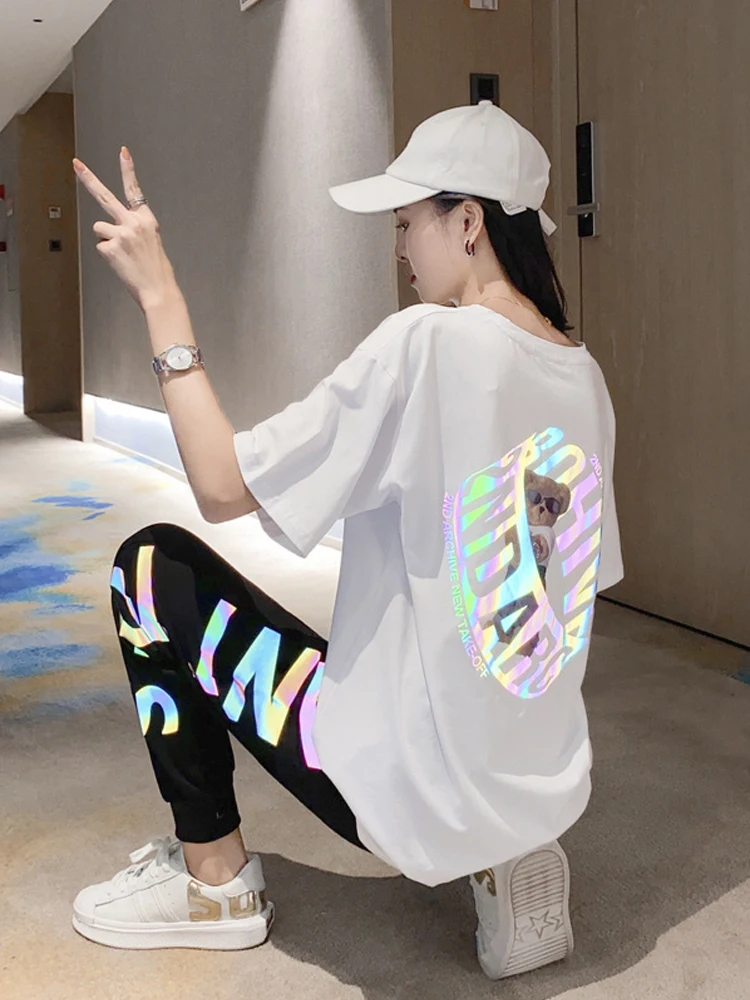 

Casual Sports Suit T Shirt Long Pant 2 Pieces Female Summer Y2k 2022 Spring Fashion Loose Large Size Luminous Suit Street Wear