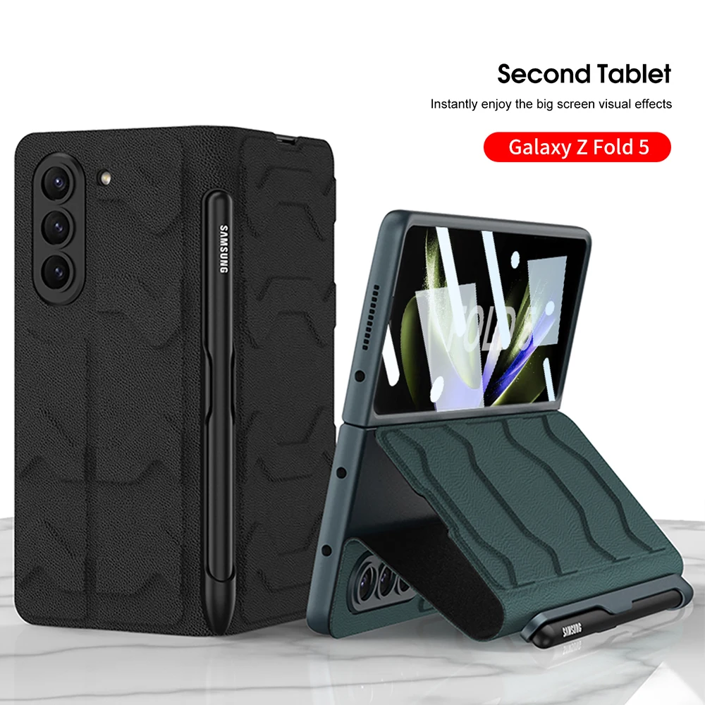 

Armor Shockproof Cover for Samsung Galaxy Z Fold 5 4 Case Leather Stand with Side S Pen Holder Front Glass Film Fundas