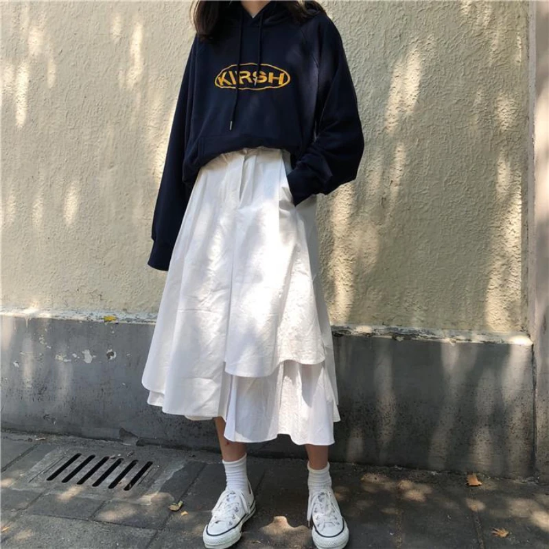 

Estceque Asymmetrical Solid Skirt Women with Pockets Elastic High Waist Mid-length Long Skirts Women Preppy Style 2022 New