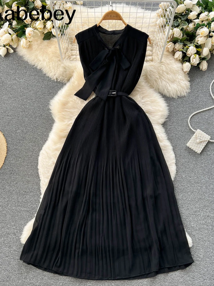 Женское шифоновое платье миди без рукавов винтажное с рюшами бантом на воротнике