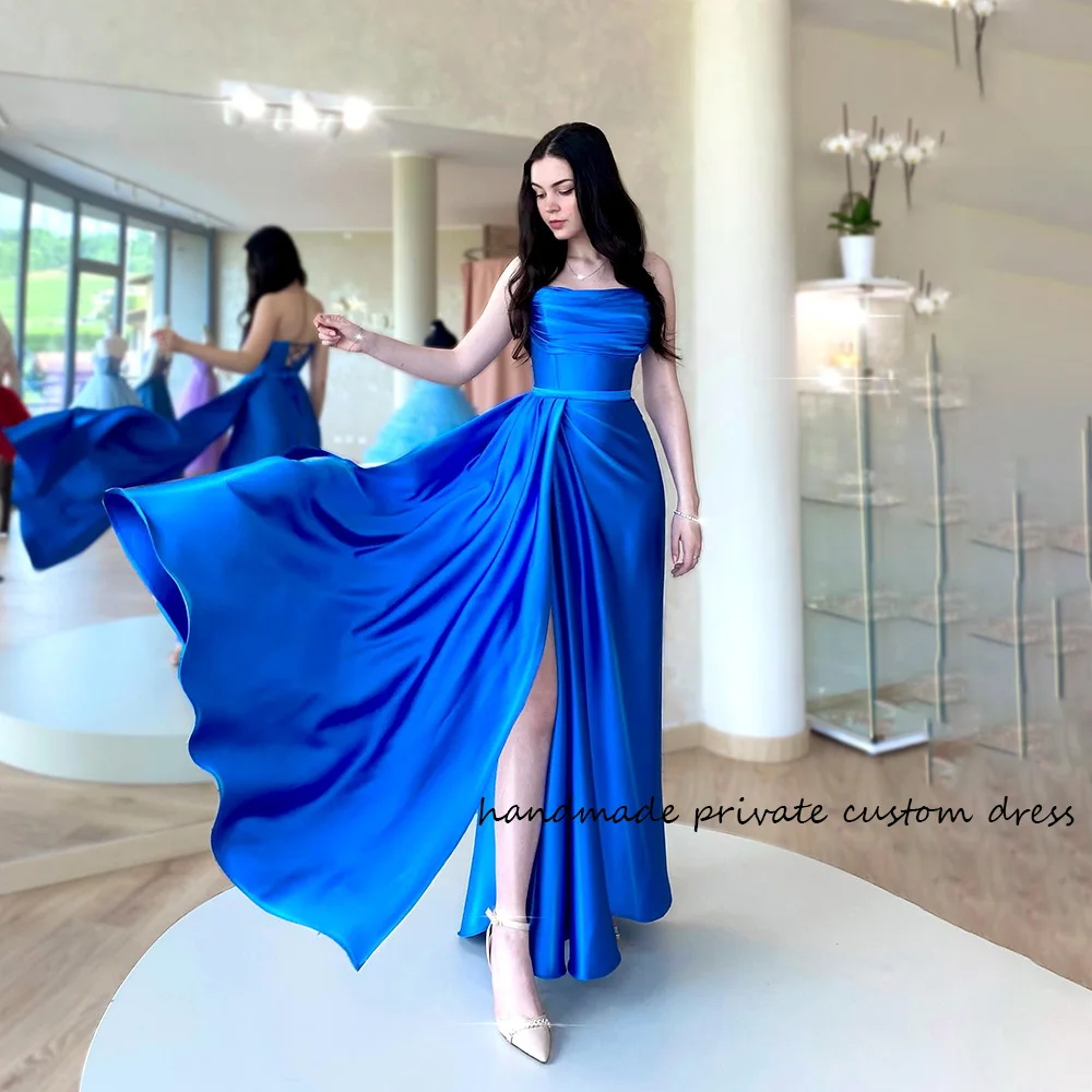 

Blue Satin Strapless Evening Party Dresses Side Slit Pleats Satin Corset Prom Dresses Lace Up Graduation Prom Gowns Floor Length