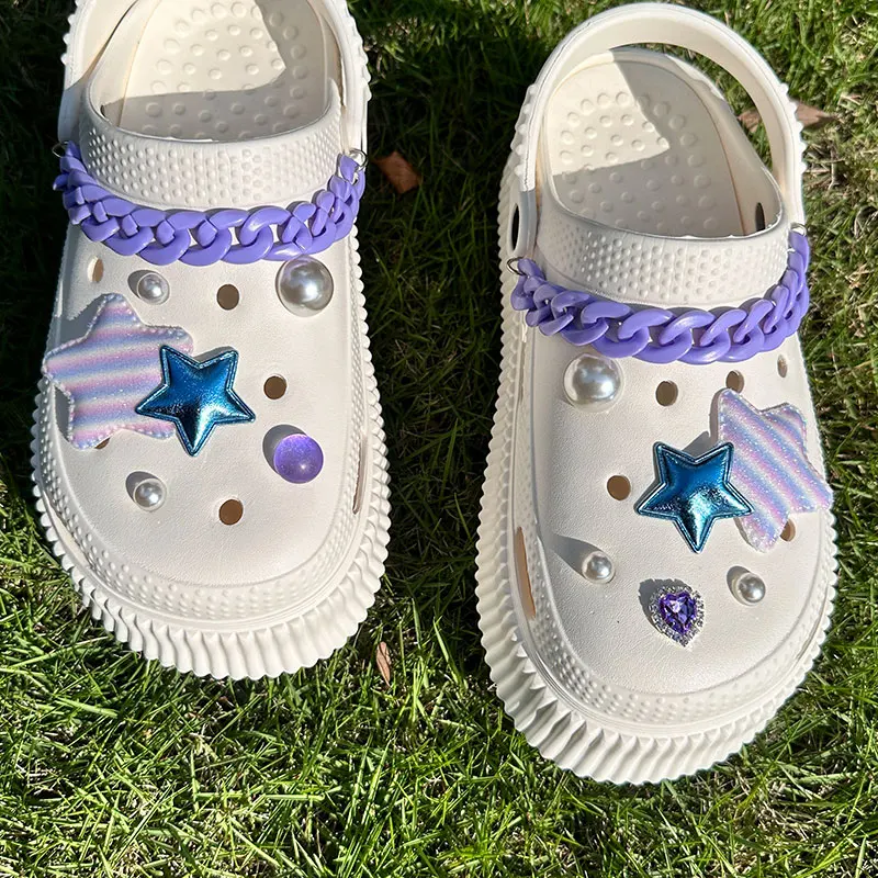 Y2K Stars Shoes Charms Purple Chunky Acrylic Chains Vintage Bling Heart Rhinestones Starry Sky Pearl Accessories Shoe Jewelry
