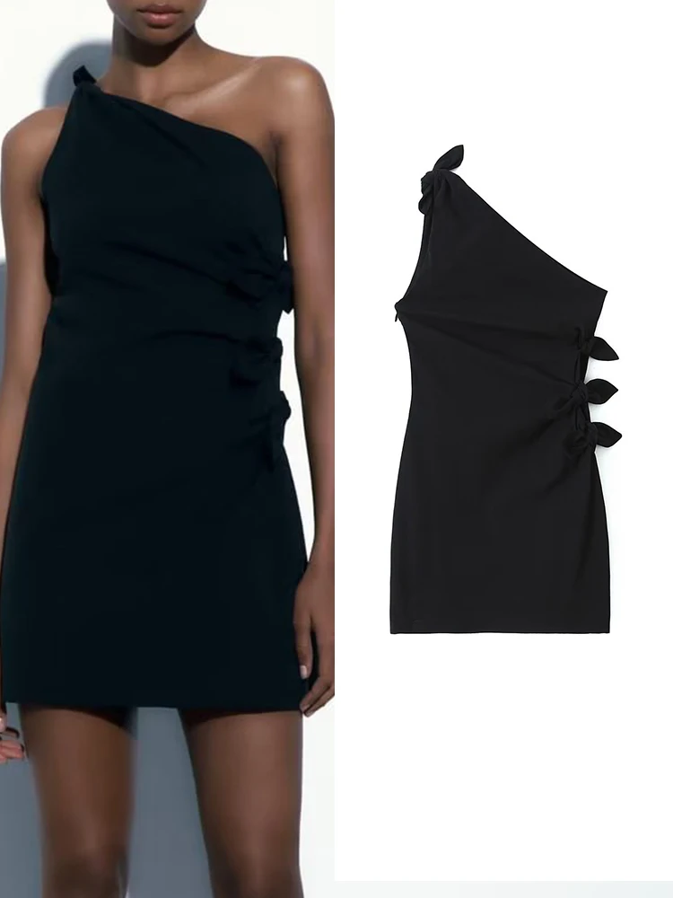 

TRAF Summer Asymmetrical Sheath Dress For Women 2023 New Female Solid Diagonal Collar Tie Decoration Sleeveless Sexy Mini Dress