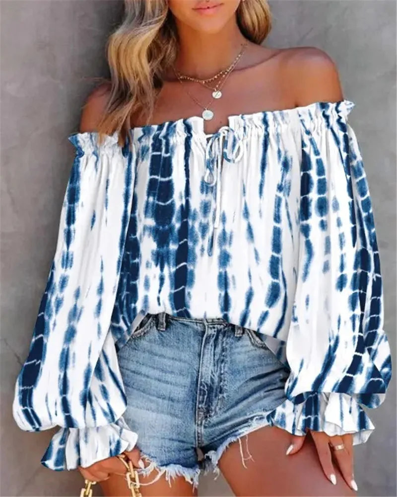 

Fashion Tie Dyed Off Shoulder Shirt Autumn Women Sexy Boat Neck Trumpet Long Sleeve Lace up Chiffon Blouse Casual Lady Streetwea