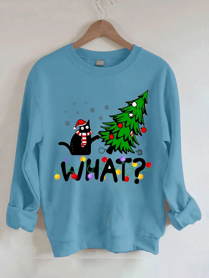 

Christmas Tree Cat Fun Print Casual Crew Neck Sweatshirt