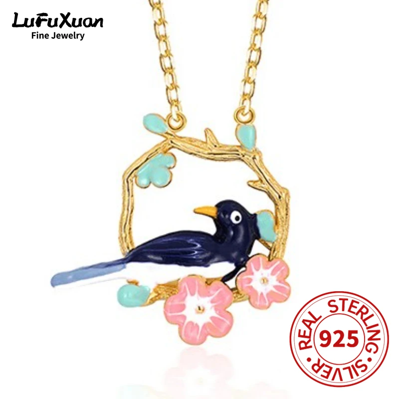 

LuFuXuan Sterling Silver S925 Low Temperature Enamel Brushed Magpie Pendant Necklace Clavicle Chain Birthday and Holiday Gift