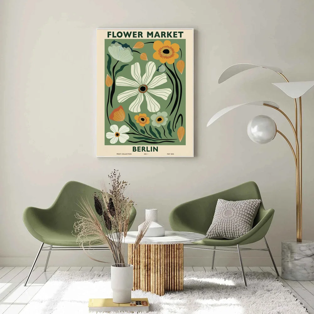 Ретро цветочный рынок Белые маки Берлин Мадрид выставка растения постер холст