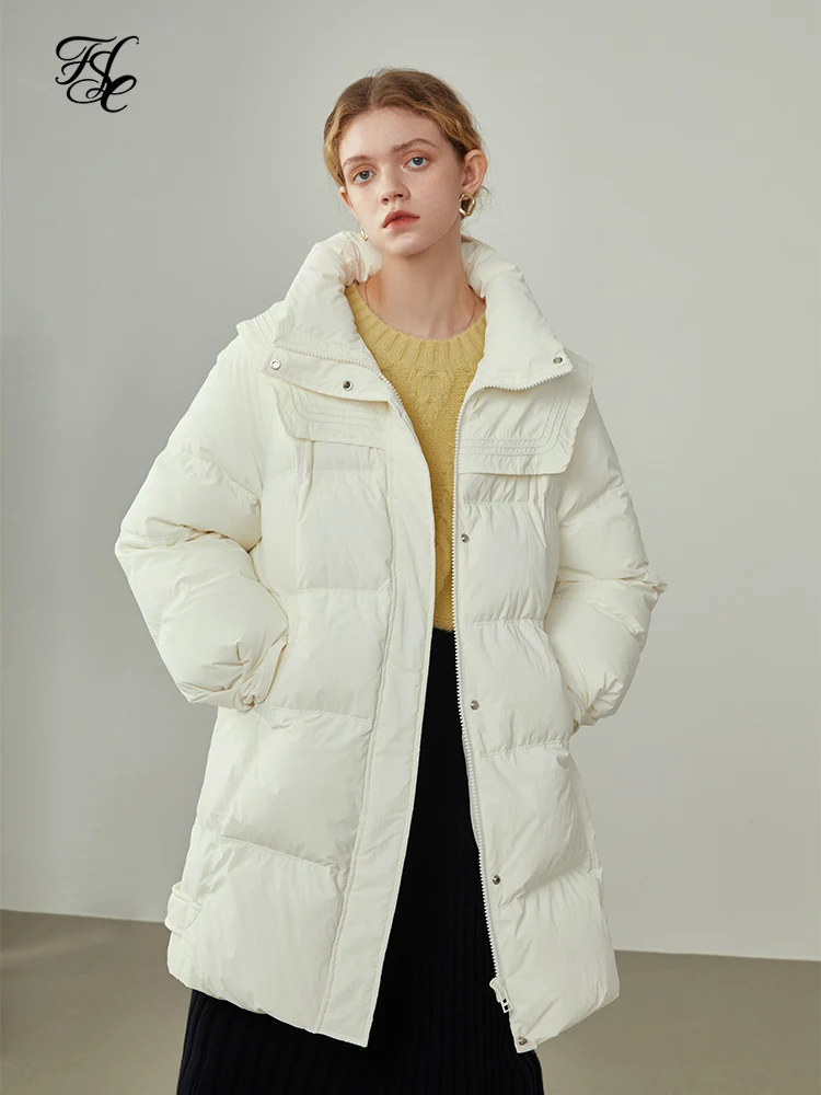 

Женский Плотный Белый гусиный пуховик FSLE 2021, белое пальто средней длины с воротником-стойкой, прямой пурпурный пуховик с дизайном