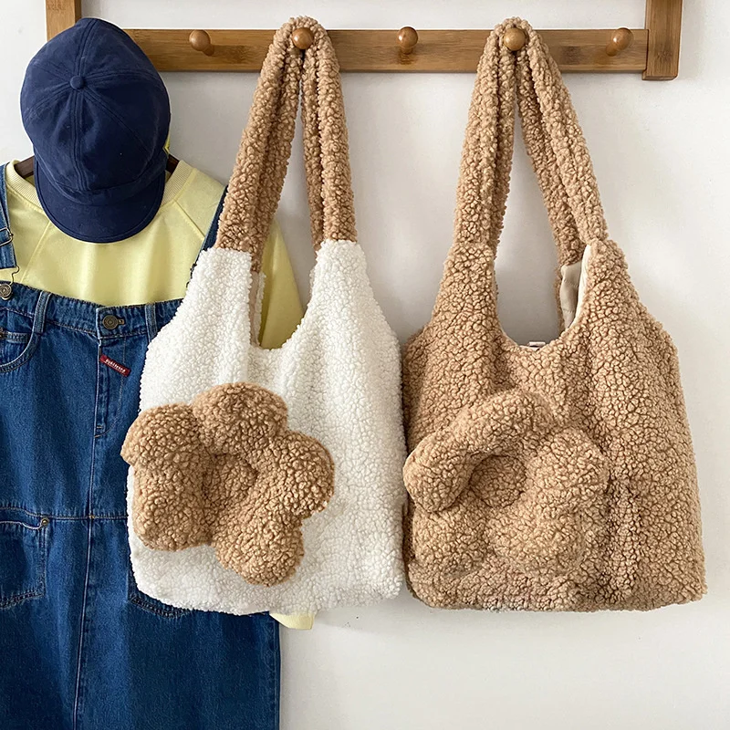 

Women Girls Handbag Flower Winter Plush Shoulder Bag Large Tote Satchel Purse Fluffy Lambs Wool Shopping Dating Bags