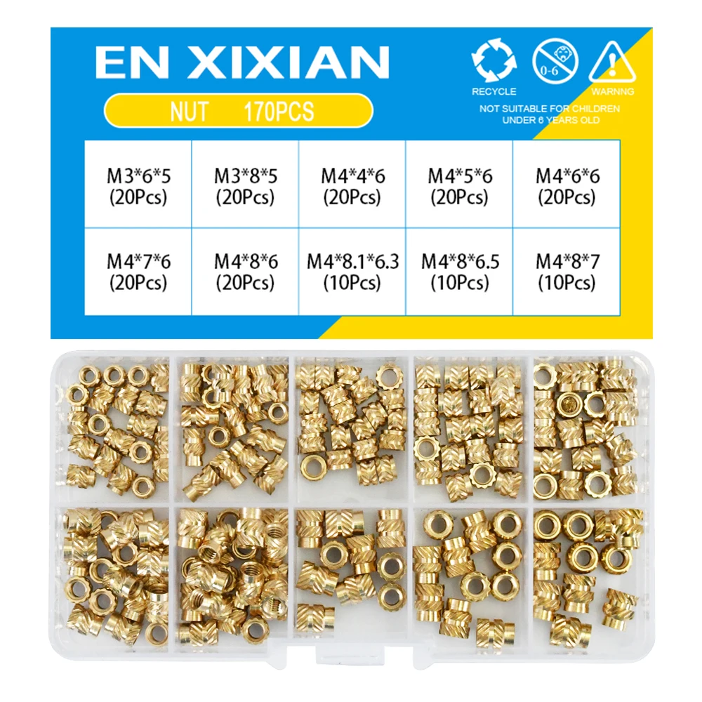 

Набор нагревательных гаек M2 M2.5 M3 M4 M5 M6, латунные вставки горячего расплава с резьбой, рифленые детали, набор медных гаек в ассортименте