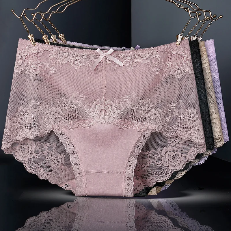 

High-Waist Seamless Lace Underwear Briefs Ladies Sexy Mesh Panties Transparent Silk Women Health Knickers Lingerie Large Size