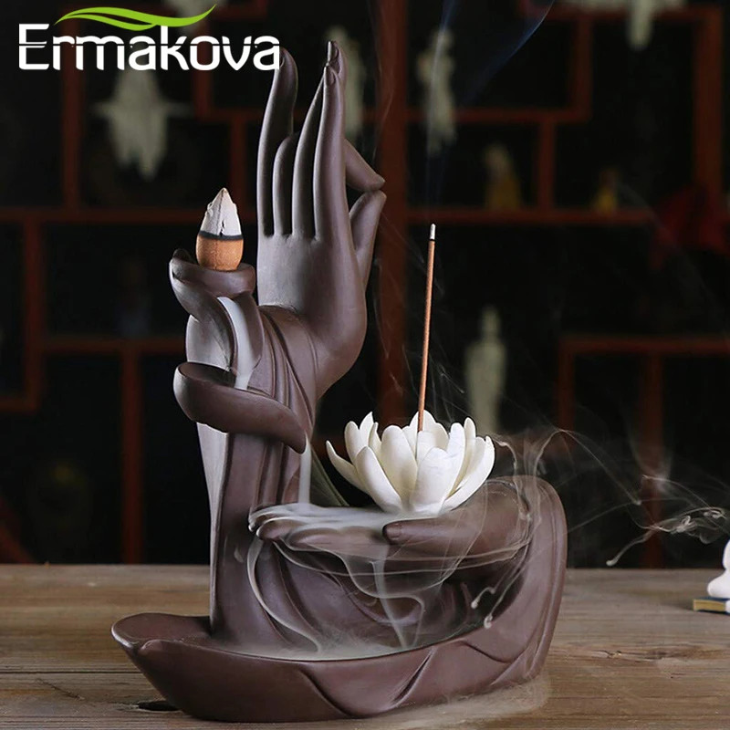 

ERMAKOVA Ceramic Backflow Incense Burner Tathagata Buddha Lotus Incense Cones Stick Holder Smoke Waterfall Creative Home Decor