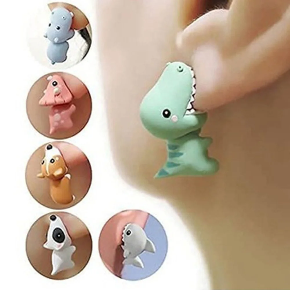 1 Pair Resin Cute Dinosaur Dog Hippo Piercing Ear Stud Earring Creativity Cartoon Shark Animal Bite Earring Teenager Funny Gift