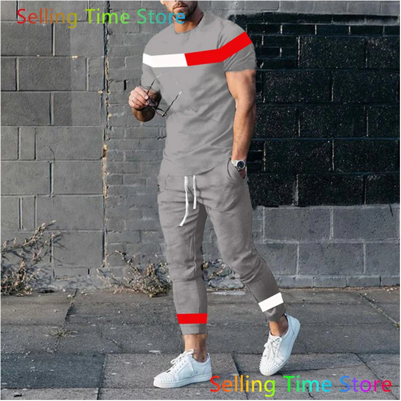 2023 New Men’s Clothes Tracksuit Set 2 Piece Jogging Suit 3D Print Stripe Summer Fashion Sports Outfits Short T-Shirt+Pants