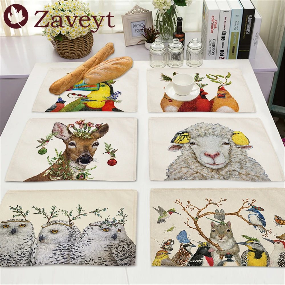 

Cute Animal Placemat Bird Owl Linen Dining Table Mats Bunny Squirrel Coaster Pad Bowl Coffee Cup Mat Tablecloth 42x32CM