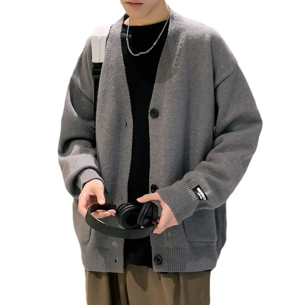 

Chic Men Sweater Pockets Wear-resistant Autumn Sweater Coat V Neck Thick Sweater Coat for Go Out
