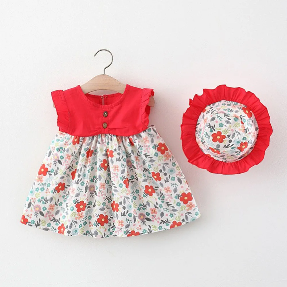 

Toddler Baby Clothes Girls Dress Kids Floral Dresses Summer New Patchwork with Hat 2Pcs Sets for Infant Clothing Dress