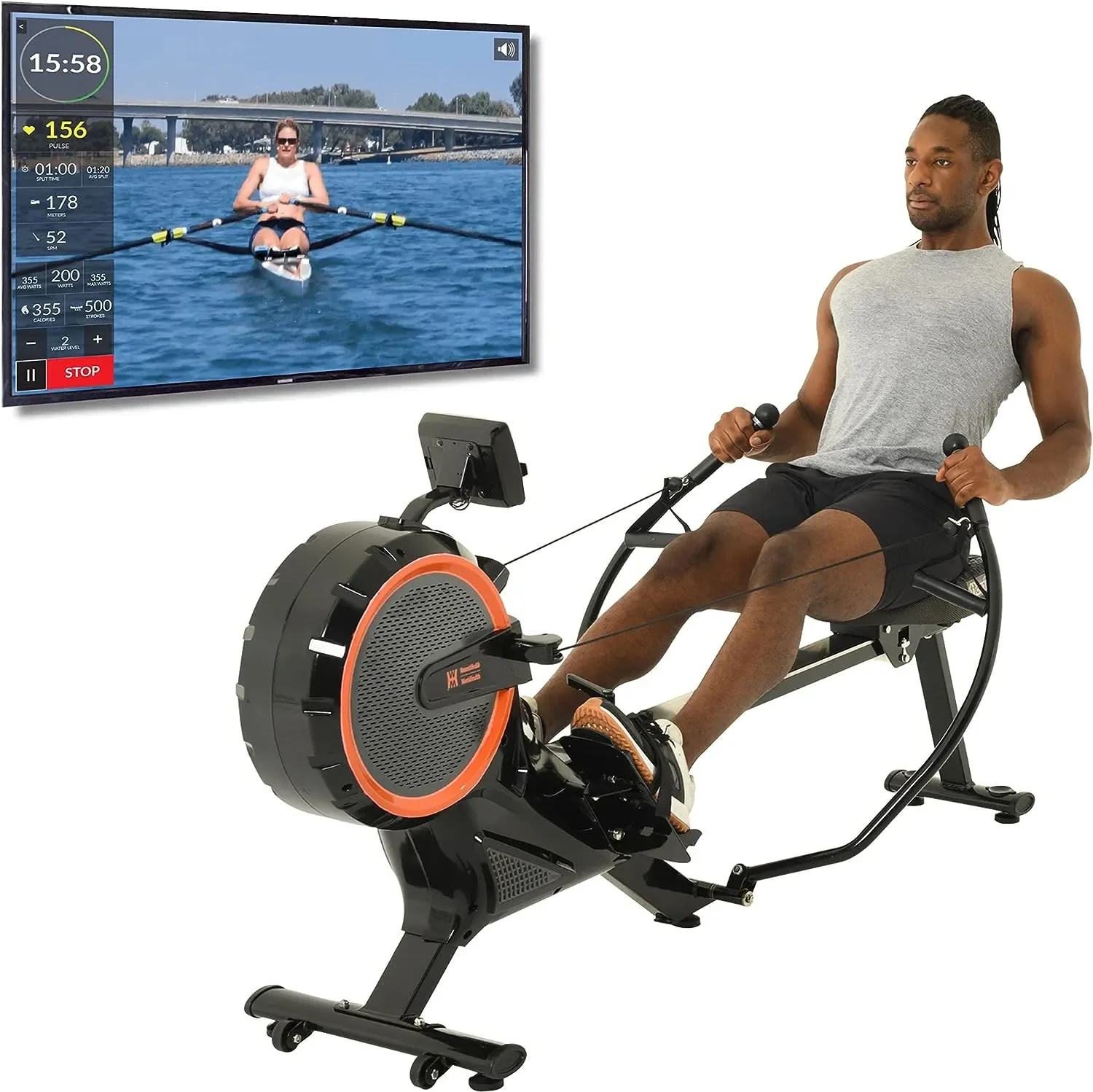 

Health Men\u2019s Health Bluetooth Dual Handle Rower Rowing Machine with MyCloudFitness App (1678), Black