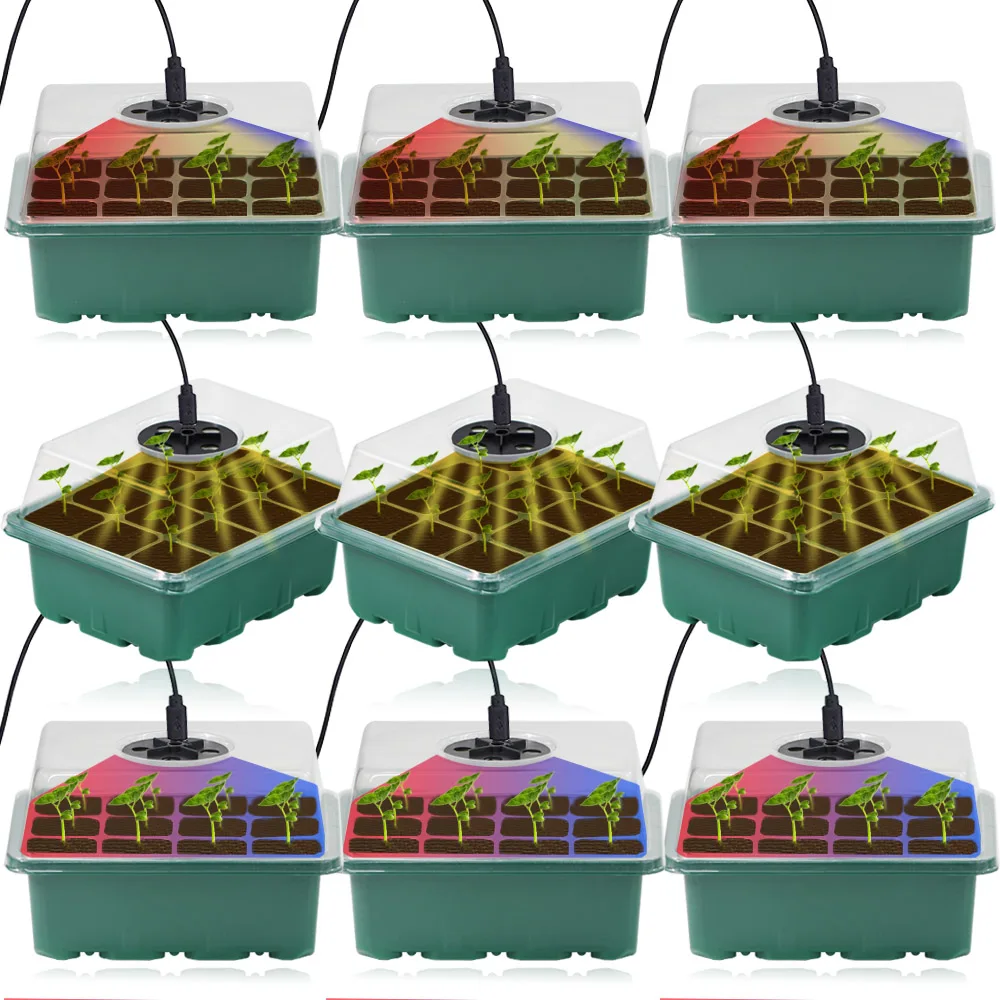 Seed Starter Trays with Dome and Grow Light Plant Germination Kits Indoor Seedlings Start System Adjustable Ventilation Humidity
