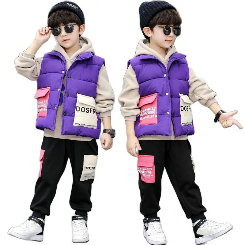 

Boys Thick Warm 3pcs/set Kids Winter Casual Sport Outfit Children Letter Print Hoodies Teens Sleeveless Padded Jacket Suit 5-16y