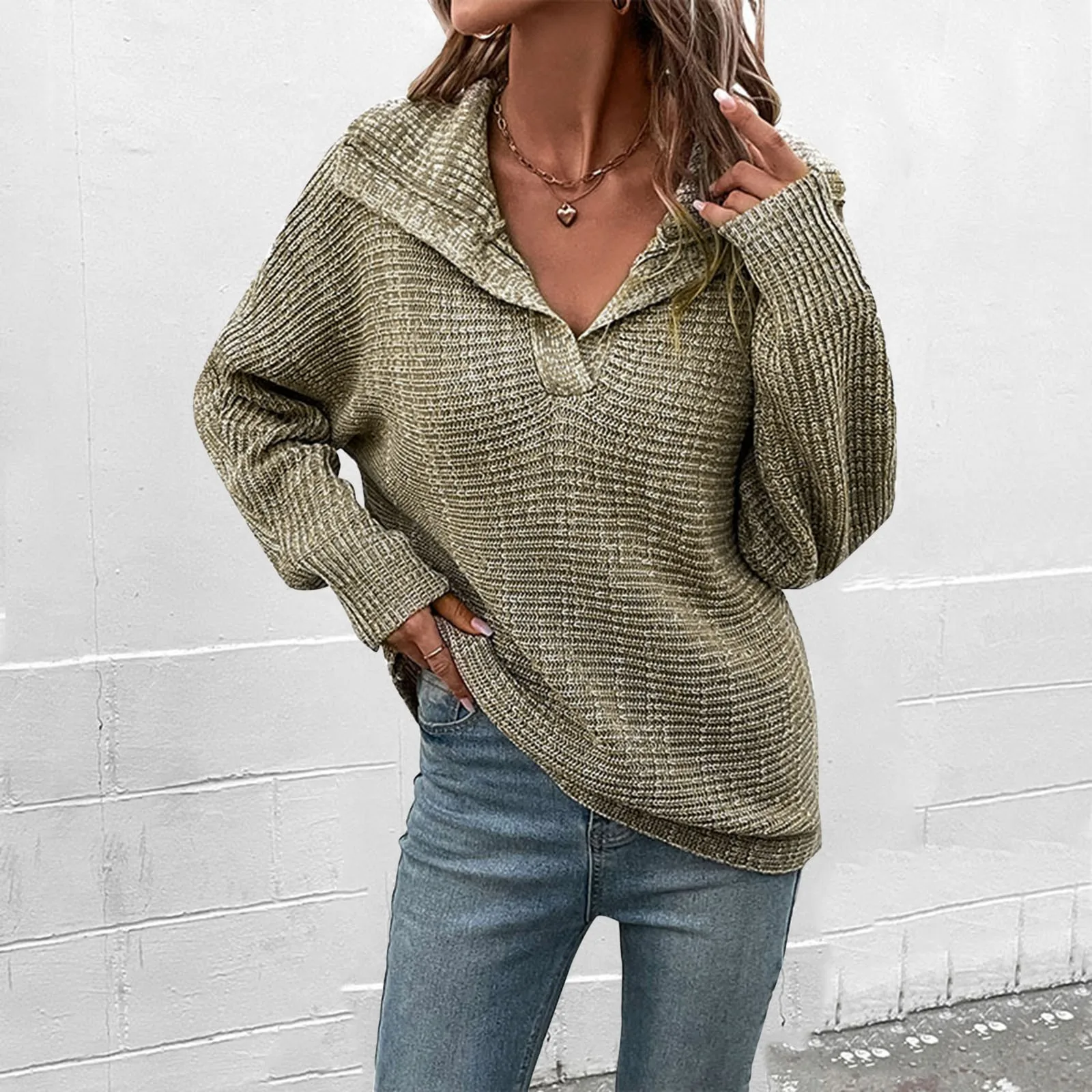 

Autumn And Winter New Solid Color Lapel Sweater Women's Long Sleeved Oversized Round Neck Plain Knitted Pullover Sweater Cotton