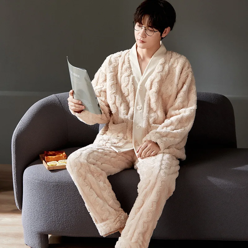 Winter Casual Thick Warm Flannel Long Sleeve Men Pajamas Set Plus Size Sleepwear Male Warm Coral Fleece White Nightwear Homewear