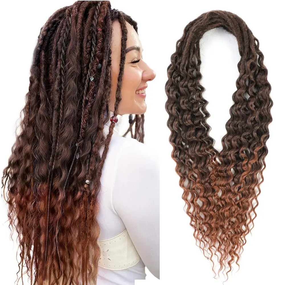 

Double Ended Dreadlock Extensions with Curly Ends 24inches 10 Strands Thin Wavy Soft Black to Dark Brown DE Dreadlock Extensions