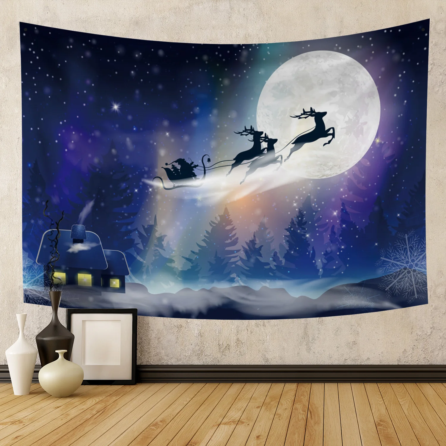 

Christmas Tapestry Wall Hanging Xmas Bell Colored Lights Red Wall Tapestry for Party Livingroom Bedroom Dorm Home Decor 90"x59"