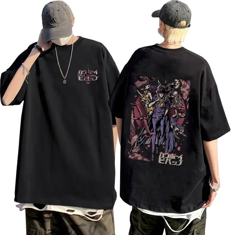 

Japanese Anime Cowboy Bebop Faye Valentine Jet Black Spike Spiegel Graphic T-shirt Men Women Manga Oversized Cotton T Shirts