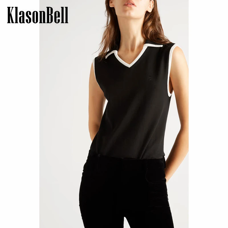 

4.5 KlasonBell Casual Contrast Color Lapel Sleeveless Embroidery Letter Knitted Tank Top Women