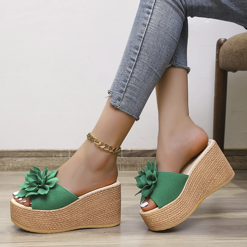 

9cm Heels Summer Beach Platform Women Wedge Slippers Appliques Butterfly-knot Female Sandals Clog Shoes Slides Women