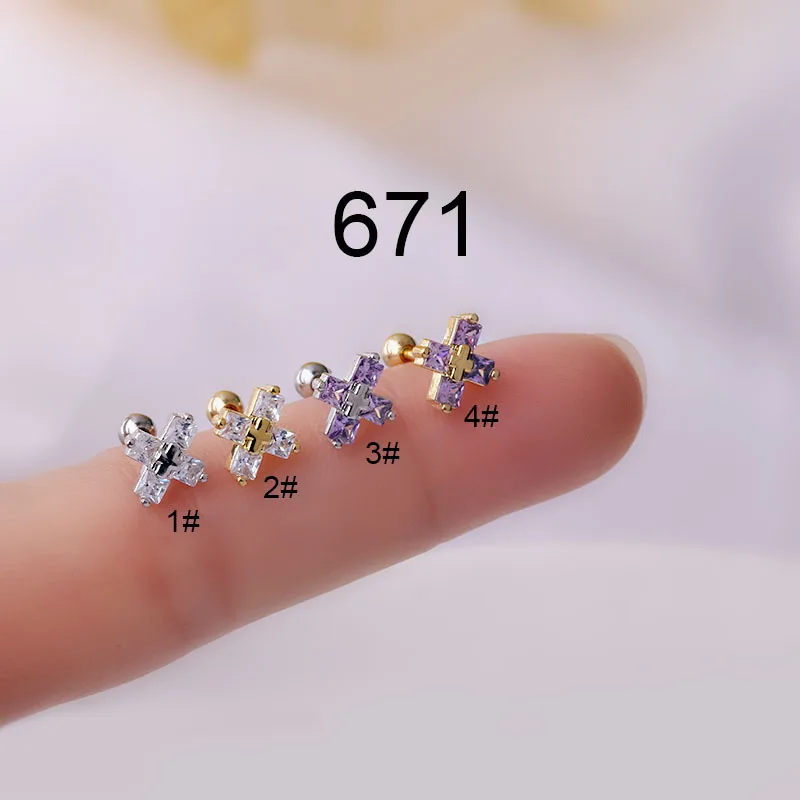 

1 Piece Stainless Steel Ear Piercing Stud Earrings Women Fashion CZ Crystal Cross Cartilage Helix Conch Screw Back Earring