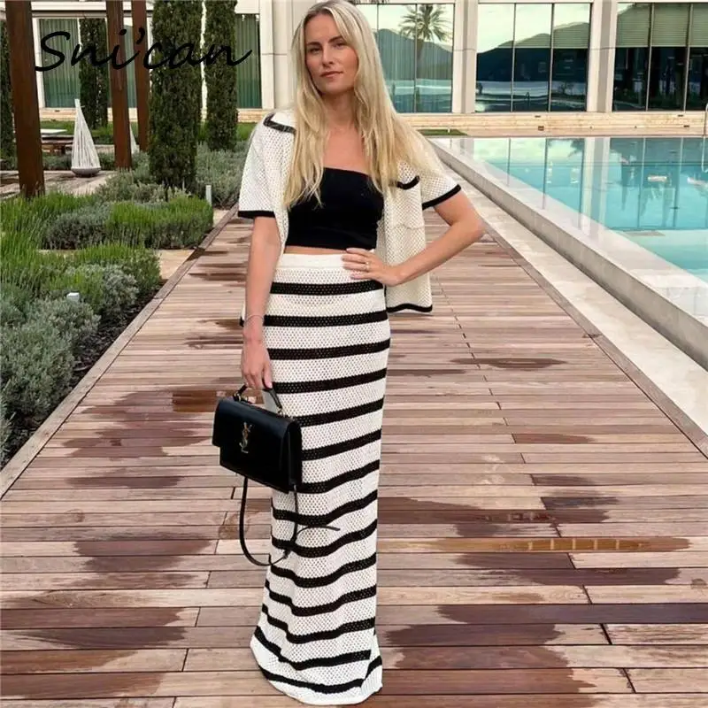 

White Black Striped Skirt Women Fashion Spring A Line High Waist MIdi Knitted Skirts Female Bottom Office Ladies Jupe Femme New