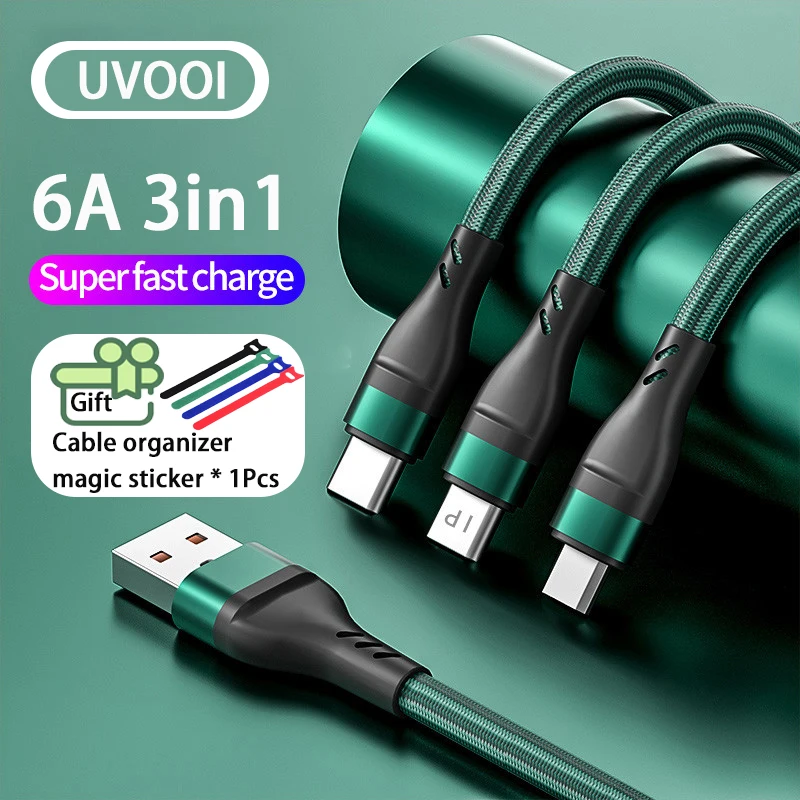 

UVOOI 6A 3 in1 100W Charging Cable Type C Micro USB Fast Charger Micro USB Type C Cable Data Cables For iPhone 13 Sansung Xiaomi