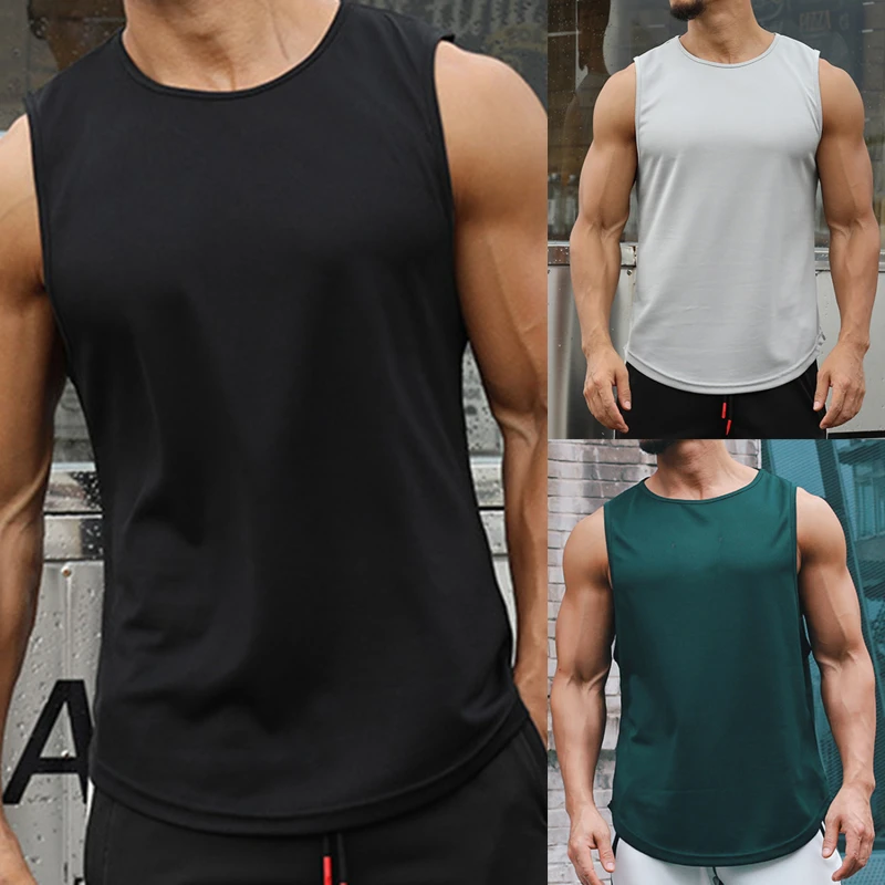 

Майка мужская Спортивная, дышащая без рукавов, круглый вырез, однотонная, топ для бега и фитнеса, летняя одежда