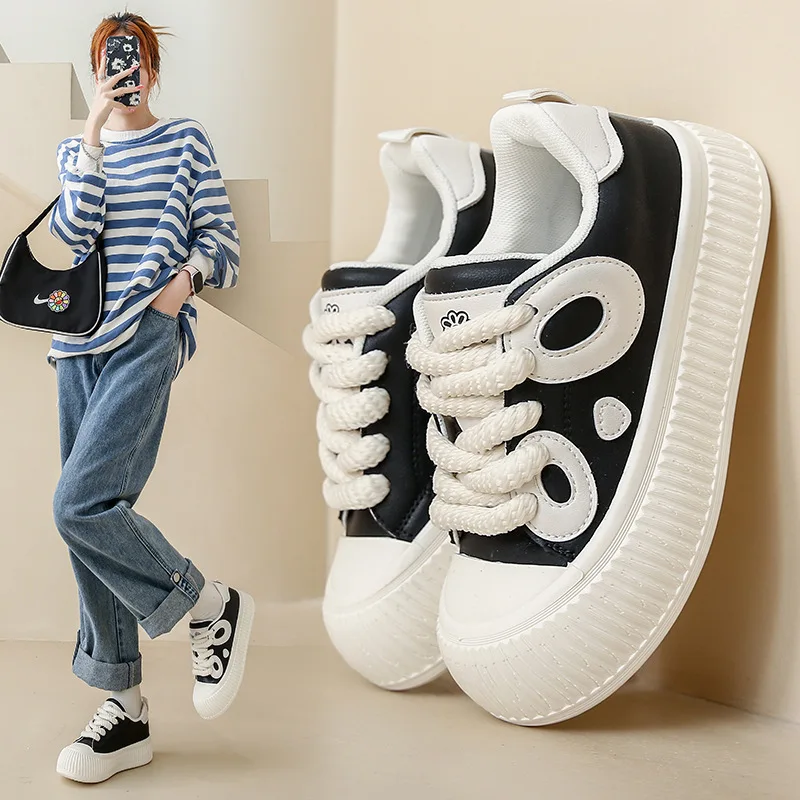 

Women's Shoes Platform Modis Casual Female Sneakers All-Match Round Toe Clogs 2023 New Lace-Up Basic Leisure Rubber Rome PU Anim