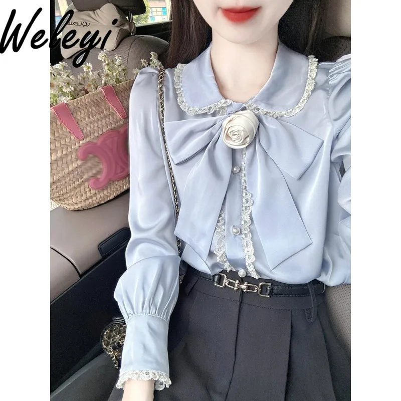 Темпераментная рубашка с бантом и камелией топ Ropa Mujer весенне-осенняя уличная