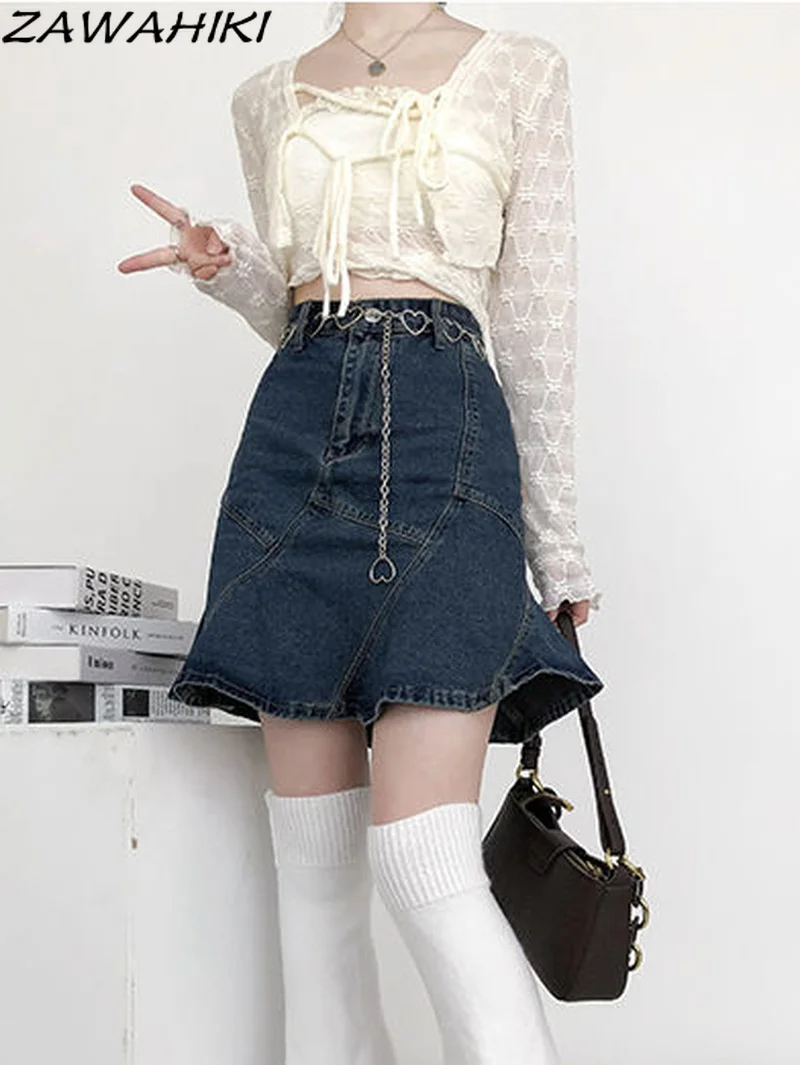 

Юбка-готика рыбий хвост с высокой талией, джинсовая трапециевидная, с оборками