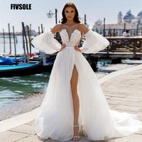fivsole sexy tulle wedding dress 2022 high split sweep train beach bridal dresses puff short sleeves plus size vestidos de novia