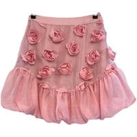 2022 summer fashion skirts high quality ladies appliques flower deco ruffle sexy mini party club skirts apricot pink black color