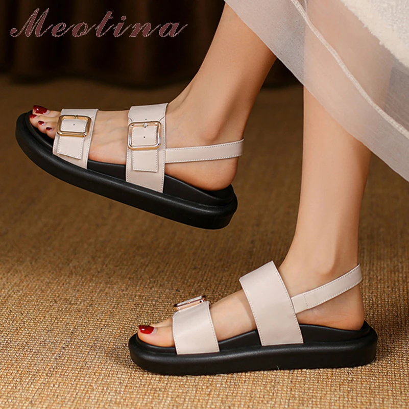 

Сандалии Meotina женские из натуральной кожи, босоножки на платформе с круглым носком, повседневная обувь на плоской подошве, с пряжкой, черные ...