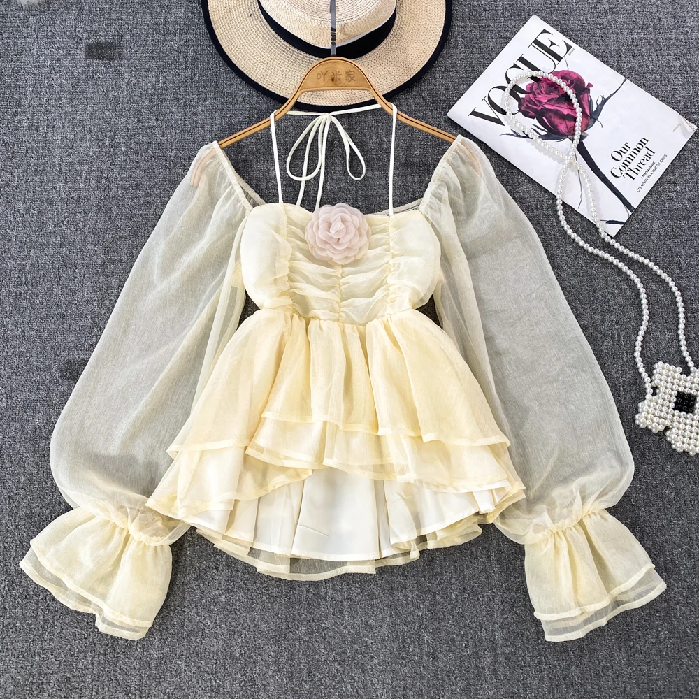 

Chic Sweet Lace Up Ruffle Long Sleeve Slim Halter Crop Top Elegant Korean Fashion Blouse Sexy Shirt Spring Autumn Women Clothing