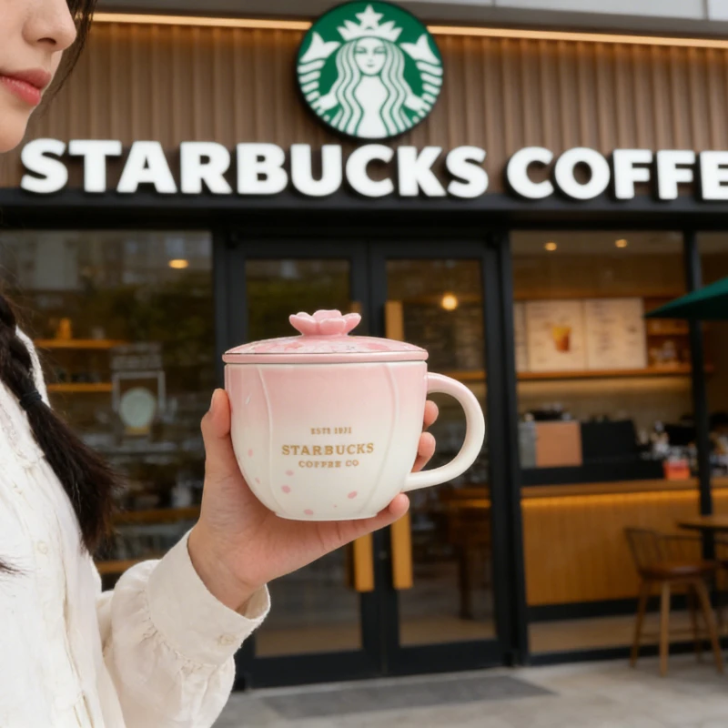 Фото Керамическая кружка Starbucks с дизайном цветущей сакуры, элегантный узор вишневого цвета, красивая кофейная чашка для дома, офиса и в качестве подарка. №1