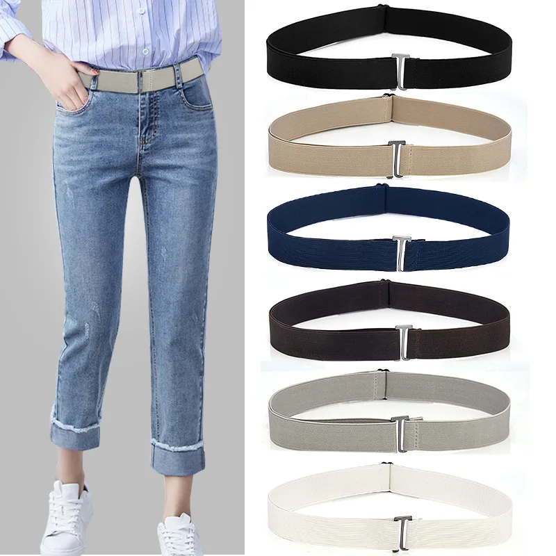 Adjustable Size Flat Buckle Elastic Waist Belt Jeans Pant Belt  Women Belt No Show Stretch Belt Invisible Belt Slim Elastic Band