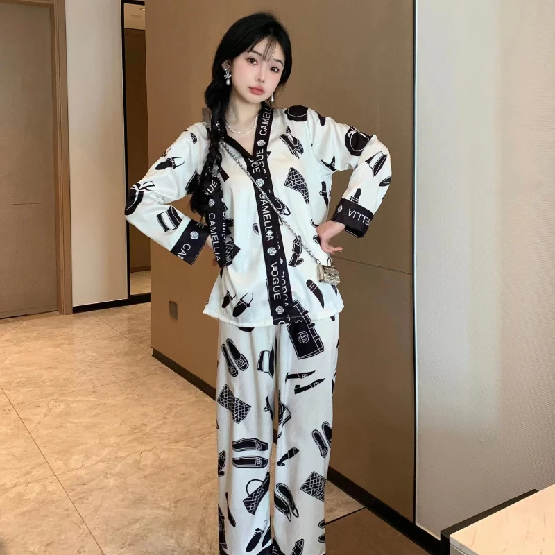 2023 Pajamas for Women's Spring and Summer Light Luxury Smooth Home Suit with Belt Breathable and Casual Sleepwear with V-neck